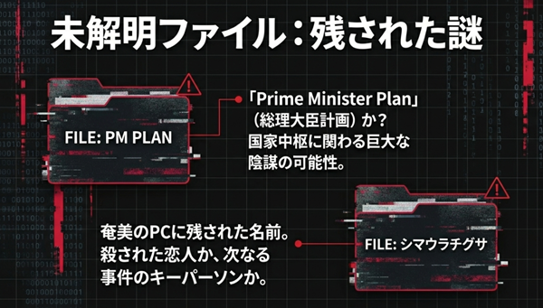 奄美のPCに残された謎のデータ「PM PLAN（総理大臣計画？）」と「シマウラチグサ」という人物名が表示された、バイナリコード背景の未解決事件ファイル。