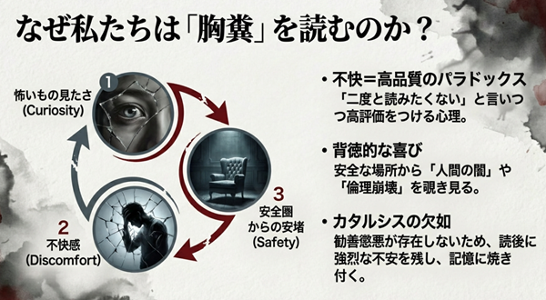 「二度と読みたくない」と言いつつ高評価をつける読者心理。「怖いもの見たさ」や、安全圏から人間の闇を覗く背徳的な喜びについての心理学的分析図。