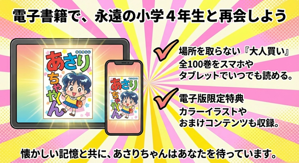 場所を取らずにスマートフォンやタブレットで『あさりちゃん』全100巻を読める電子書籍のメリットと、デジタル版限定特典についての解説画像。