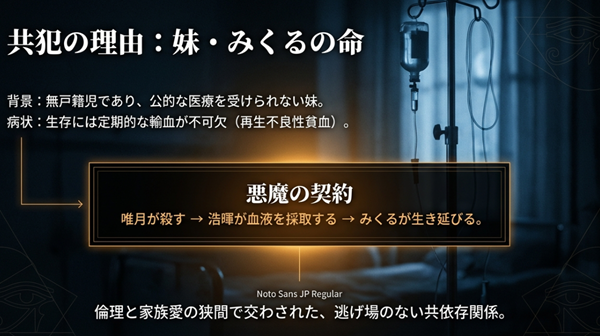 無戸籍で難病を患う妹・みくるを救うため、唯月と交わした「殺人による血液採取」という逃げ場のない共依存関係と悪魔の契約の図解 。