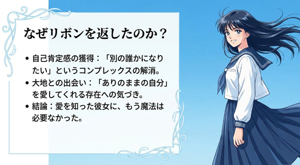 成長した野々原姫子のイラスト。コンプレックスの解消と大地との出会いを経て、魔法が不要になった心理的変化と自己受容について解説したスライド。