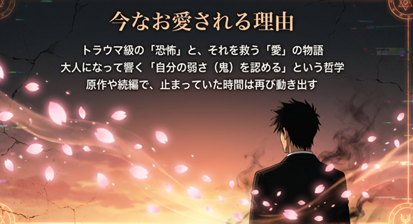 ぬ～べ～が愛され続ける理由として、トラウマ級の恐怖とそれを救う愛、自分の弱さを認める哲学について解説したスライド。