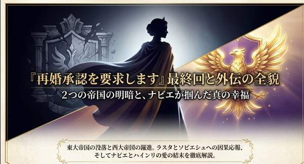 ナビエとハインリの愛の結末、そして東大帝国と西大帝国の明暗を徹底解説したまとめスライドの表紙。