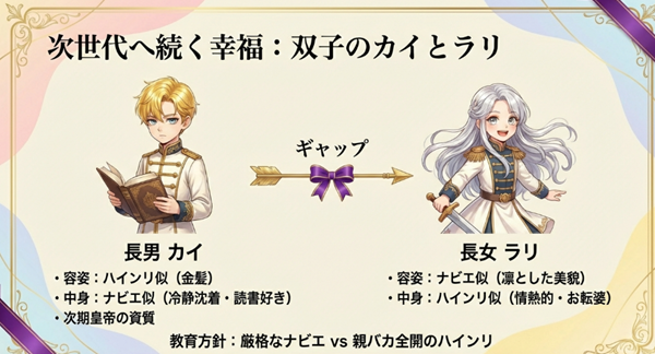 ハインリ似の容姿で冷静なカイと、ナビエ似の美貌で情熱的なラリの性格や資質を比較したキャラクター紹介スライド。