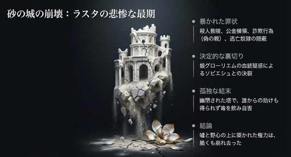 殺人教唆や横領などの罪が暴かれ、幽閉された塔で自ら命を絶ったラスタの因果応報をまとめた図解。