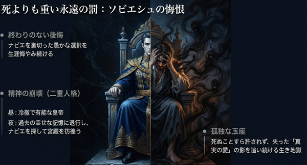 ナビエを失った後悔から精神を病み、夜な夜な過去の記憶に退行して彷徨うソビエシュの悲劇的な末路。