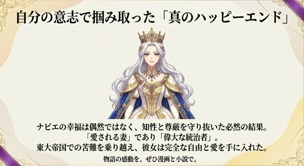 知性と尊厳を守り抜き、自由と愛を手に入れたナビエの勝利を象徴する、物語の締めくくりにふさわしいスライド。