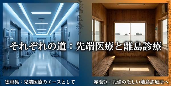 手術後、先端医療のエースとして残る徳重と、離島診療所へ復帰する赤池のそれぞれの進路を示したスライド
