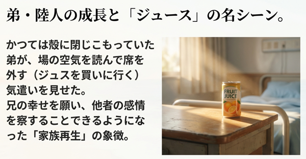 かつて殻に閉じこもっていた弟・陸人が、場の空気を読んで「ジュースを買ってくる」と気遣いを見せたシーンの解説。兄の幸せを願う心の変化と家族再生の象徴的なエピソード。