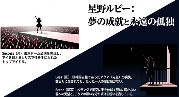 星野ルビーが東京ドーム公演を実現した光の側面と、アクアを失いベランダで星空に手を伸ばす影の側面を描いた解説図。