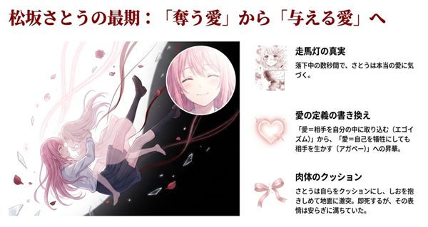 落下中の数秒間でさとうが気づいた「奪う愛（エゴイズム）」から「与える愛（アガペー）」への変化と、しおを守るクッションとなった最期を描いた解説図。