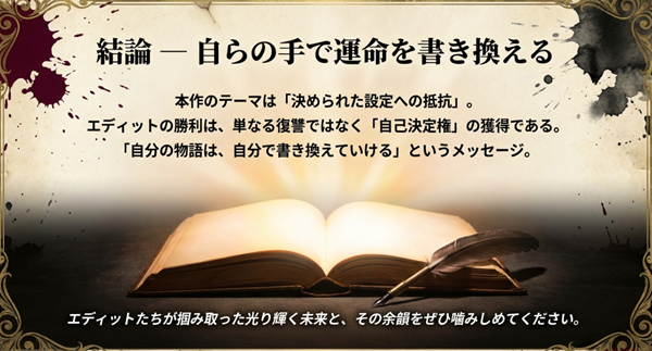 作品全体のテーマをまとめたスライド。決められた設定への抵抗と、「自分の物語は、自分で書き換えていける」というメッセージの総括。