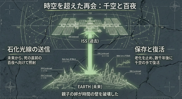 未来の千空が過去の百夜に石化光線を送り、肉体を保存することで数千年後の再会を可能にした「親子を繋ぐ科学」の解説図。