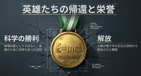 地球へ帰還した千空たちが受けた栄誉と、科学の勝利を象徴する公式「E=mc2」が刻まれた金メダルの解説図。