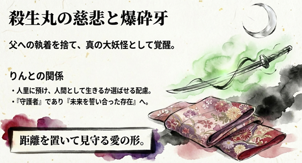 真の大妖怪として覚醒した殺生丸が、りんの将来を配慮して人里へ預け、距離を置いて見守る愛の形を選んだことを解説した図。