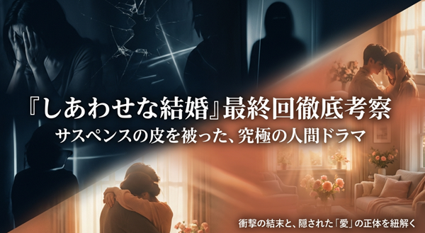 ドラマ『しあわせな結婚』の最終回を考察したスライド。阿部サダヲと松たか子が演じる夫婦の愛の正体を紐解く物語の表紙。