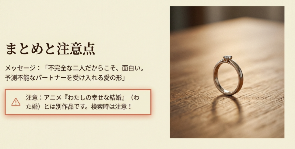 : 結婚指輪の画像を背景に、作品のメッセージと、アニメ版『わたしの幸せな結婚』との混同注意、Blu-ray発売情報をまとめたスライド。