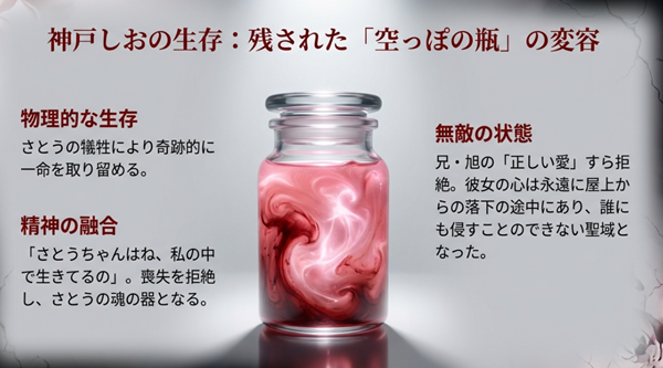 奇跡的に生存した神戸しおが、さとうの喪失を拒絶し精神的に融合したことで、兄の正しさすら届かない「無敵の状態」になったことを示すスライド。