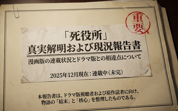漫画『死役所』の連載状況とドラマ版との相違点をまとめた報告書の表紙。重要・真実解明というスタンプが押されている。