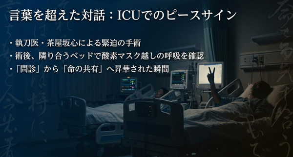手術後のICUで、酸素マスク越しの呼吸を確認し合い、言葉を交わさずとも心を通わせる徳重と赤池の様子を解説したスライド