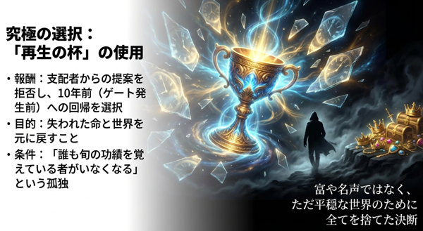 10年前への回帰を選択し、自分の功績が誰の記憶からも消えることを受け入れた水篠旬の究極の選択に関する解説スライド。