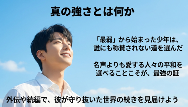 称賛されない道を選び、愛する人々の平和を守り抜いた水篠旬の物語の総括と、真の強さの定義をまとめた結びのスライド。