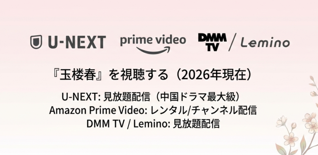 U-NEXT、Amazon、DMM TV、Leminoなど、2026年現在『玉楼春』を配信している動画サービスの比較と高画質視聴の推奨。