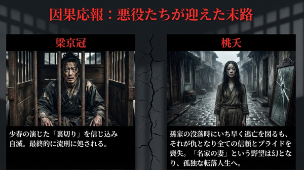嘘が露見し流刑となった梁京冠と、信頼を失い「名家の妻」という野望が幻となった桃夭の転落についての解説