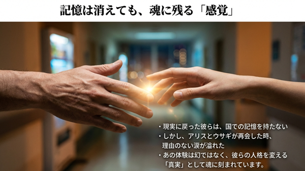 記憶を失っても魂に残る感覚と、アリスとウサギが再会した時の涙の意味を解説したスライド。