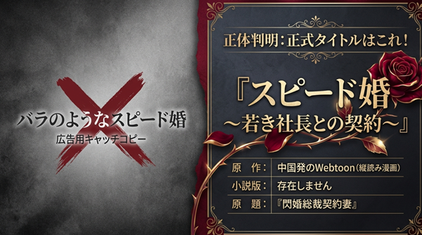 「バラのようなスピード婚」は広告用コピーであり、正式タイトルが『スピード婚～若き社長との契約～』であること、原作小説はなく中国発のWebtoonであることをまとめた比較表。