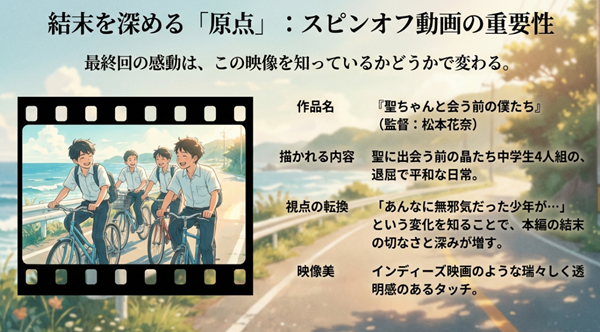 聖と出会う前の中学生4人組の日常を描いたスピンオフ動画の概要。松本花奈監督による瑞々しい映像と、本編の結末に深みを与える視点の転換について。