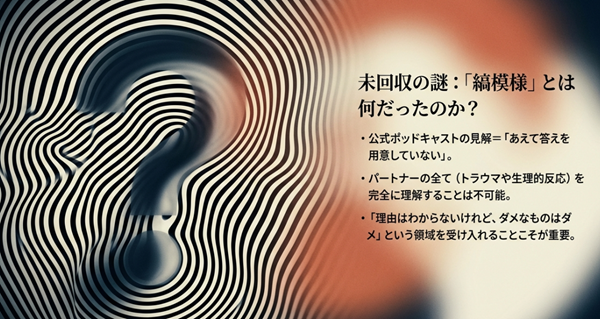 ドラマ内で解明されなかった「縞模様」の謎について、公式ポッドキャストの見解「あえて答えを用意していない」と、パートナーの不可解な部分を受け入れることの重要性を説いたスライド。
