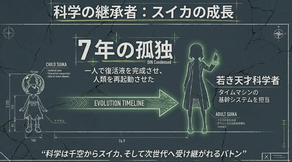 7年の孤独を経て一人で復活液を完成させたスイカの成長記録と、タイムマシン開発における彼女の役割を解説したスライド。