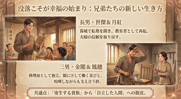 暮城で私塾を開く長男・世傑や修理屋として働く三男・金閣など、寄生する貴族から自立した人間へと成長した兄弟たちの様子。