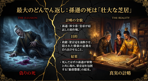 孫遜、林少春、皇帝が協力して梁京冠を油断させ、横領の証拠を引き出すために仕組んだ「囮作戦」の概要図。