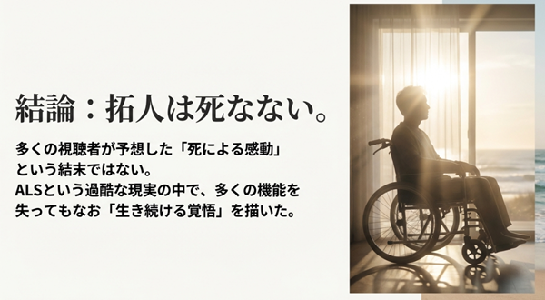澤田拓人が死を選ばず、ALSによる機能喪失を受け入れながらも生き続ける覚悟を決めたことを解説したスライド。視聴者の「死による感動」という予想を覆す展開について。