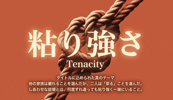 タイトルの「しあわせな結婚」に込められた、何度すれ違っても粘り強く一緒にいることを選ぶというテーマと、家族愛の形を解説したスライド。