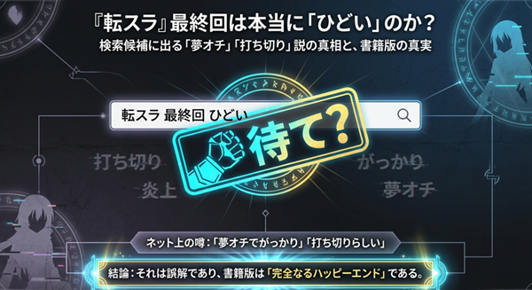「転スラ 最終回 ひどい」という検索候補に対する誤解（夢オチ・打ち切り説）の真相と、書籍版が「完全ハッピーエンド」であることを解説するスライドの表紙。