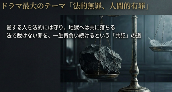 『ロイヤルファミリー』の核心テーマである「法的無罪、人間的有罪」の解説。愛する人を法的に守りつつ、その罪を共に背負い地獄へ落ちる共犯の道を選んだジフンの決断。