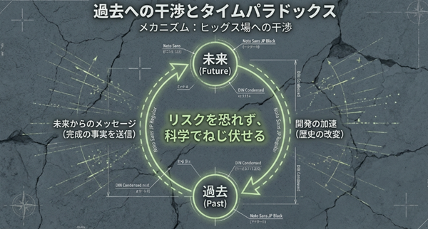 未来からのメッセージ送信によってタイムマシンの完成を確定させ、開発を加速させるタイムパラドックスのメカニズム図。