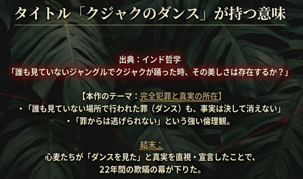 インド哲学の引用「誰も見ていない場所でのダンス」を基に、本作のテーマである完全犯罪と真実の所在について解説したスライド。