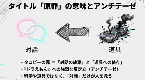 タコピーの原罪とは「対話の放棄」と「道具への依存」であり、本作が科学ではなく対話による救済を描いたドラえもんへのアンチテーゼであることを示す図。