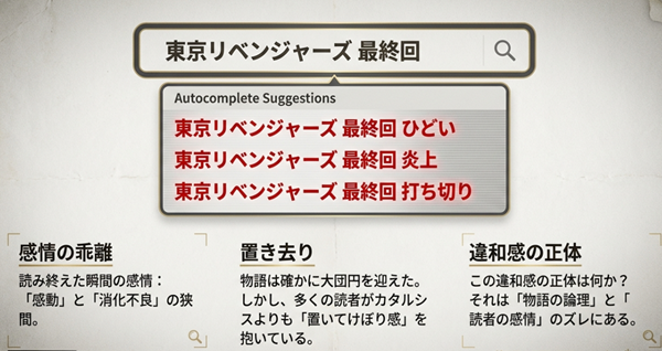 東京リベンジャーズ最終回を読み終えた読者が感じる、物語の大団円と自身の感情との乖離（認知的不協和）を表したイメージスライド。