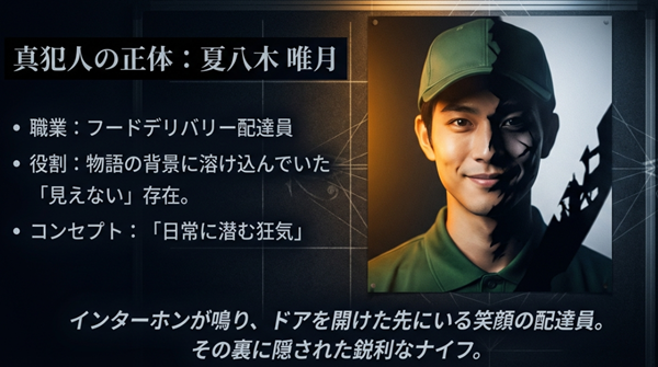フードデリバリー配達員として日常に溶け込んでいた真犯人、夏八木唯月の正体と、笑顔の裏に隠された鋭利なナイフというコンセプトを解説したスライド 。