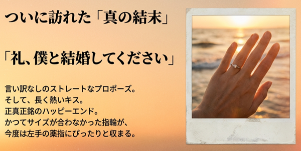 SPドラマのラストシーンで、健が礼にストレートな言葉でプロポーズし、サイズが合った指輪を渡すハッピーエンドの解説図。