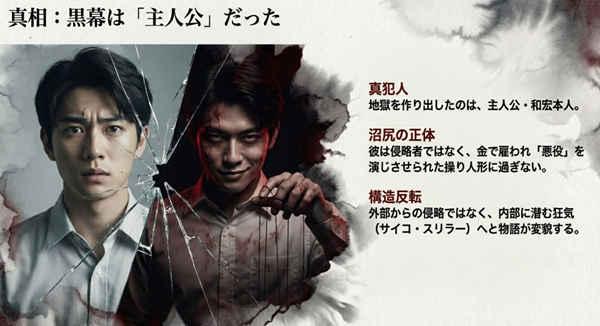 侵略者と思われた沼尻は操り人形に過ぎず、全ての地獄を作り出した真犯人が主人公・和宏であることを示す、物語構造の反転（サイコ・スリラーへの変貌）解説図。