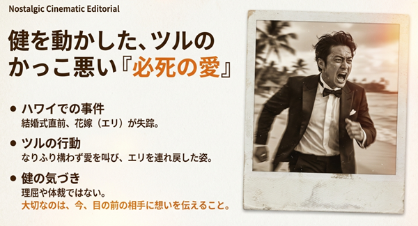 結婚式直前に逃げ出したエリを必死で連れ戻したツルの行動が、健に「今伝えること」の重要さを気づかせたシーンの解説。