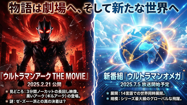 2025年2月公開の劇場版の見どころ（3分間ノーカット映像など）と、7月放送開始の次回作『ウルトラマンオメガ』のグローバル展開情報をまとめたスライド。