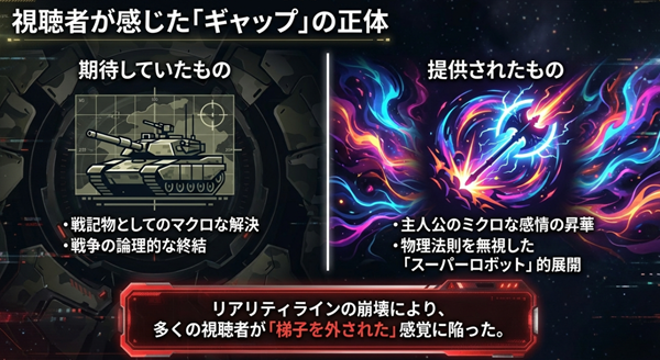 視聴者が期待していた「戦記物としてのマクロな解決」と、実際に提供された「精神世界と概念バトル」というスーパーロボット的展開の乖離(ギャップ)を図解したスライド。