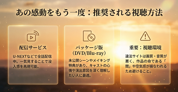 U-NEXTなどの配信サービスや、未公開シーンを含むDVD/Blu-rayパッケージ版のメリット、および違法サイト視聴への注意喚起。